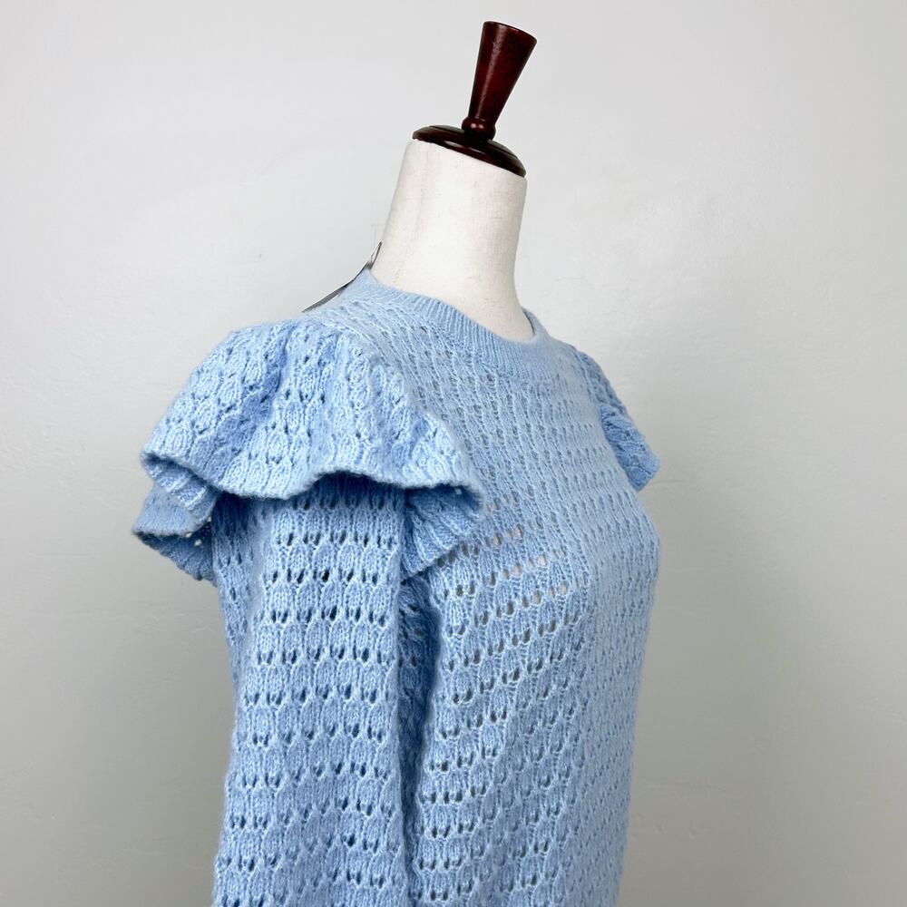 Ann Taylor LOFT Blue Pointelle Lace Knit Ruffle Feminine Long Sleeve Sweater NWT - Picture 6 of 10